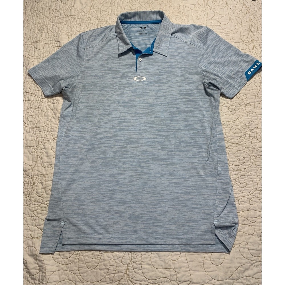 Oakley Polo Shirt‎ Mens Large Blue Striped Short Sleeve Tailored Fit